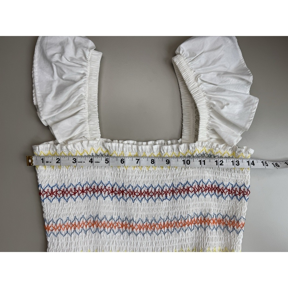 White Smocked Milkmaid Dress Sz S Cottagecore Puff Sleeve Rainbow Stitch Maxi - Picture 6 of 9